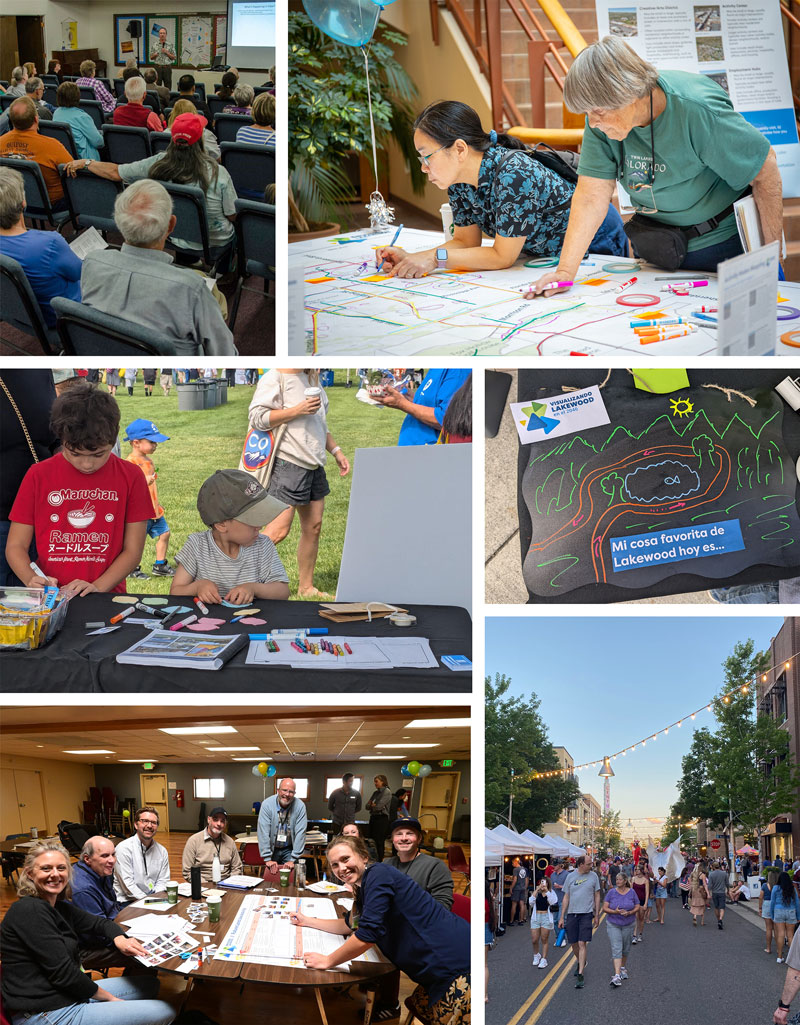 A photo collage showing various examples of the Civic Participation guiding principle
				in action across the city, such as pop-up tabling events, open houses, advisory group meetings, and community workshops. Envision Lakewood 2040 Comprehensive Plan 23 Guiding Principle: Civic Participation