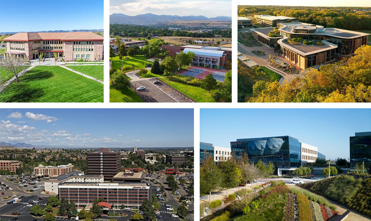 A photo collage of images within and outside of Lakewood, including photos selected by Advisory Group members during a Future Land Use workshop. This collage includes existing Campuses in Lakewood such as the Federal Center, Red Rocks Community College, and Colorado Christian University.