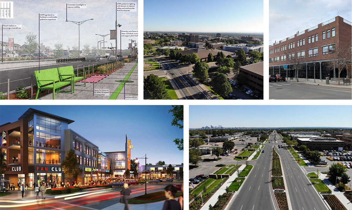 A photo collage of images within and outside of Lakewood, including photos selected by Advisory Group members during a Future Land Use workshop. This collage includes photos of the Colfax, Union, and Alameda corridors as well as other areas at the Community Corridor scale.