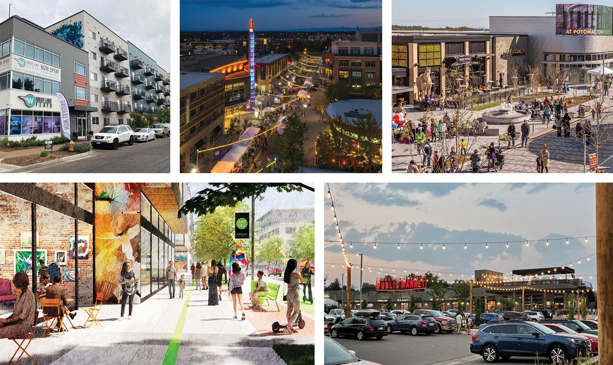 A photo collage of images within and outside of Lakewood, including photos selected by Advisory Group members during a Future Land Use workshop. This collage includes photos Belmar and Lamar St as well as other mixeduse areas at the Community Hub scale.