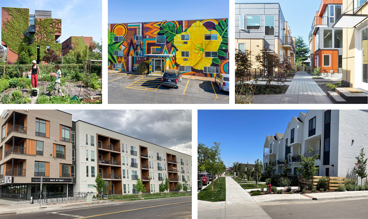 A photo collage of images within and outside of Lakewood, including photos selected by Advisory Group members during a Future Land Use workshop. This collage includes photos of Mid-Form Residential buildings such as town homes, apartments, and other mid-form residential buildings.