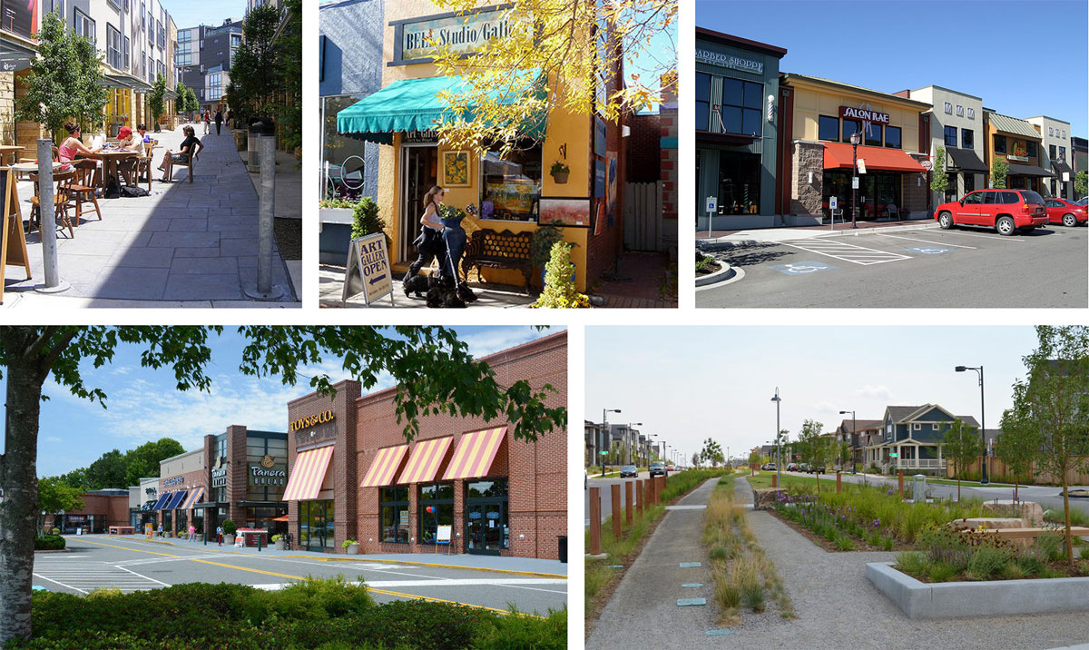 A photo collage of images within and outside of Lakewood, including photos selected by Advisory Group members during a Future Land Use workshop. This collage includes photos of smaller shops and pedestrian oriented areas at the Neighborhood Corridor scale.