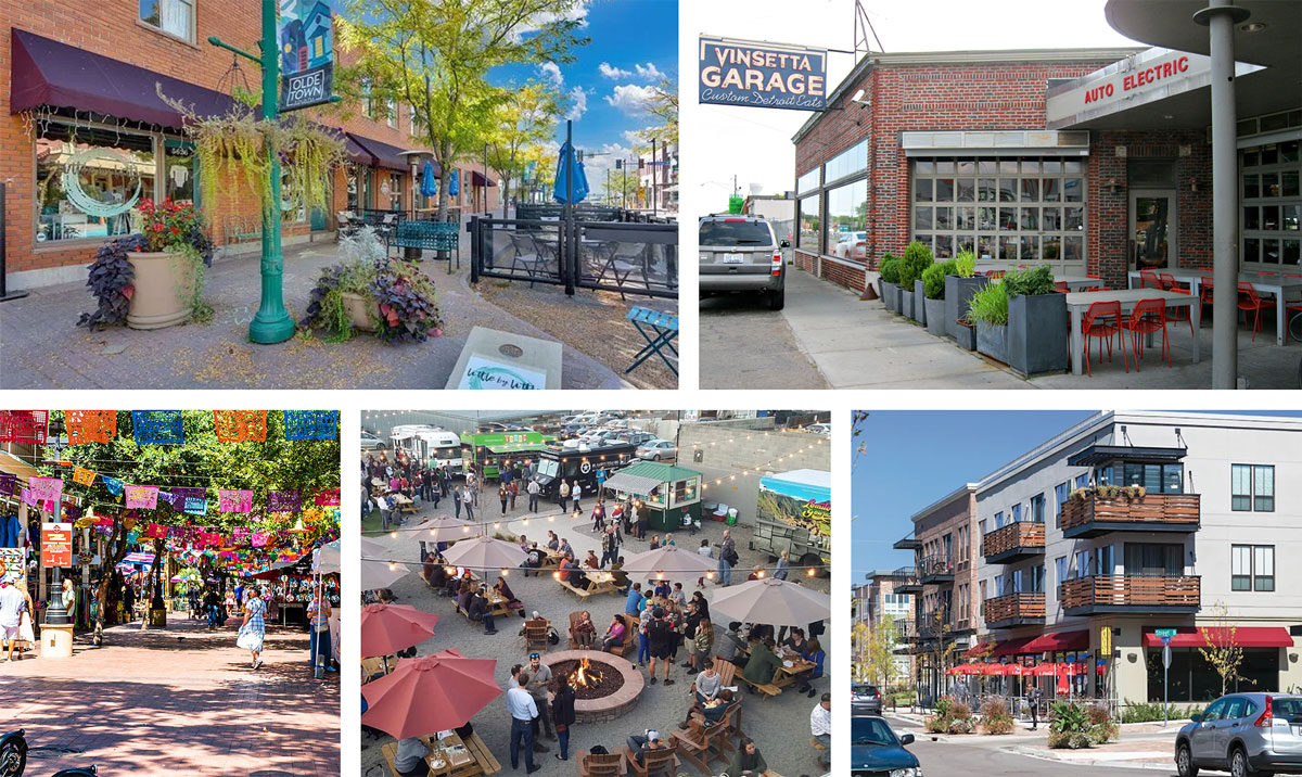 A photo collage of images within and outside of Lakewood, including photos selected by Advisory Group members during a Future Land Use workshop. This collage includes photos of small shops and gathering spaces at the Neighborhood Hub scale.