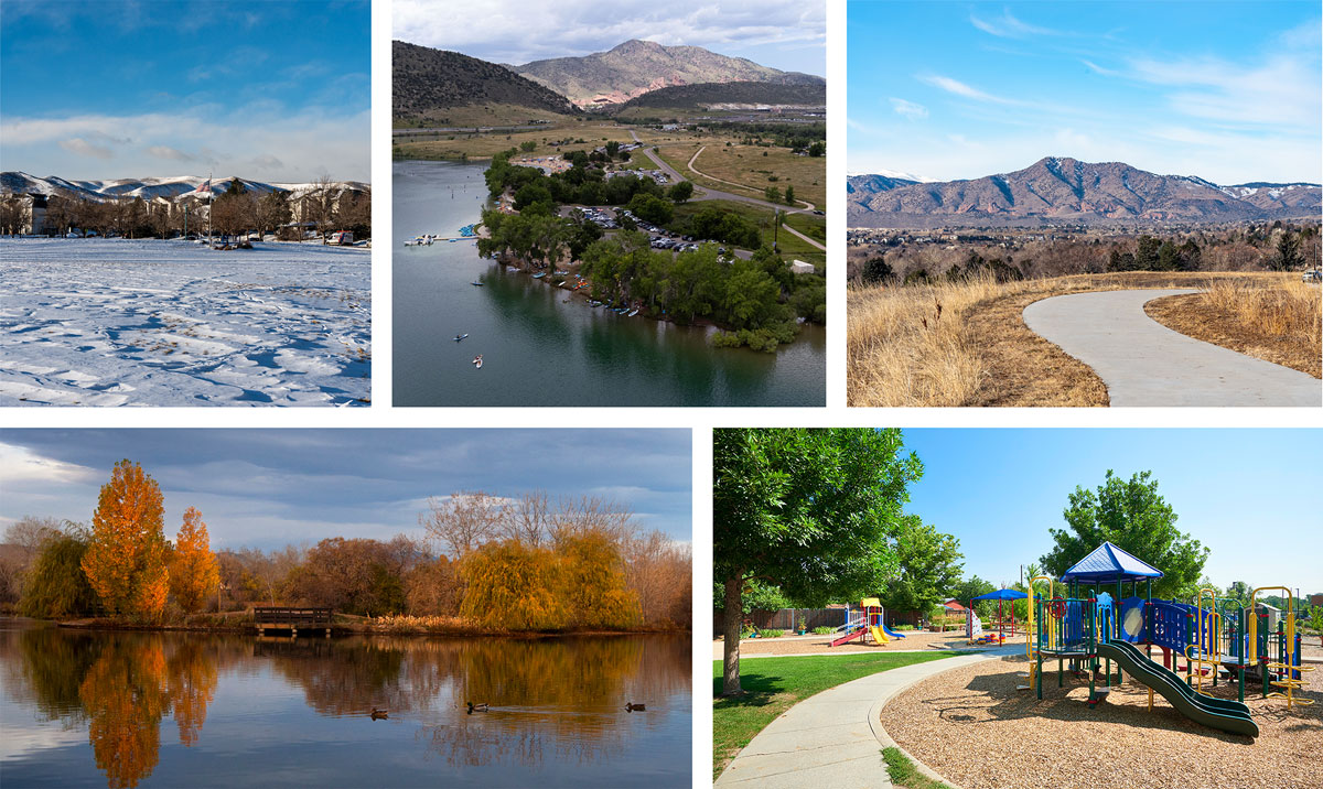 A photo collage of parks within Lakewood, including photos selected by Advisory Group members during a Future Land Use workshop. This collage includes Union Ridge, Big Soda Lake, Peak View Park, and more.