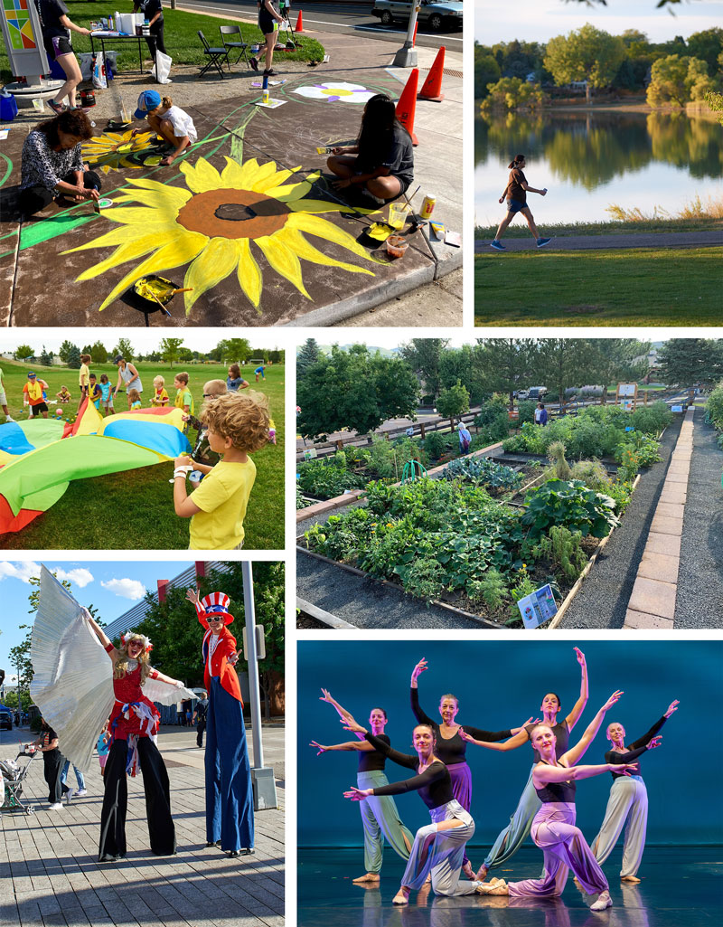 A photo collage showing various examples of the Community Wellness and Vitality guiding principle in action across the city through public art, parks, community events, recreation, community gardens, and more.