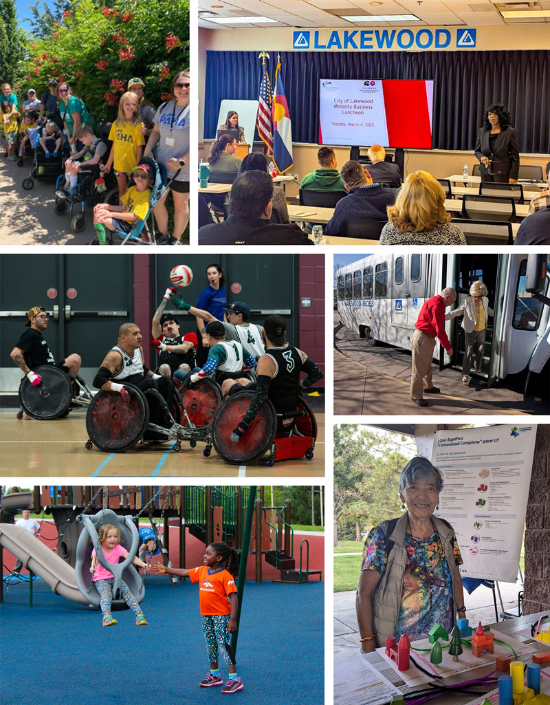 A photo collage showing various examples of the Equity guiding principle in action across the city, such as the PossAbilities Expo, Camp Paha, accessible playground design, Lakewood Rides, Spanish-focused engagement, and more.