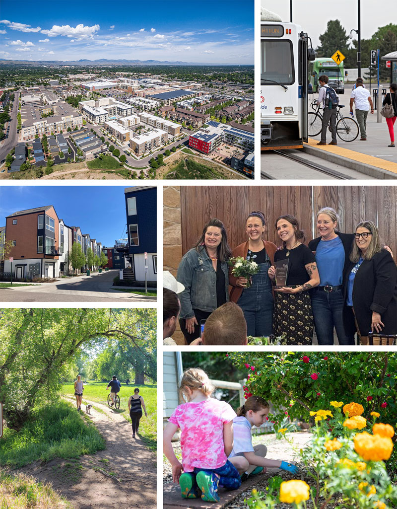 A photo collage showing various examples of the Opportunity and Mobility guiding principle in action across the city through housing options, transportation access, education, healthy living, and economic opportunities.
