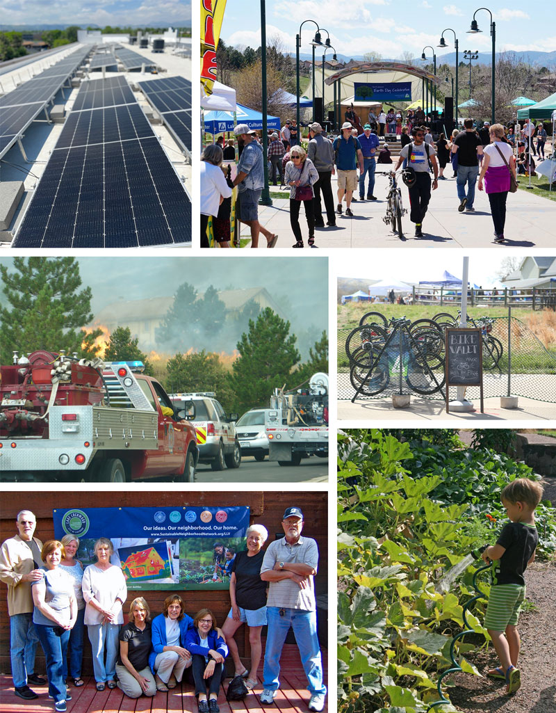 A photo collage showing various examples of the Sustainability and Climate Action guiding principle in action across the city through renewable energy, tree planting, sustainable transportation, waste reduction, and climate resilience initiatives.
